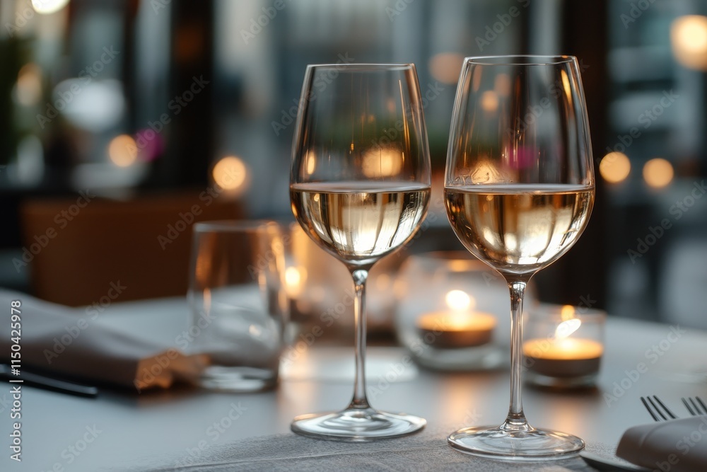 Elegant restaurant setting with white wine glasses and soft candlelight ambiance in the evening Elegant restaurant setting with white wine glasses and soft candlelight ambiance in the evening