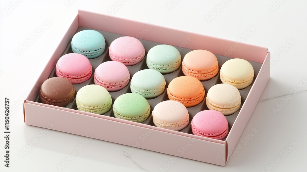 Obraz premium Pastel macarons in pink gift box.