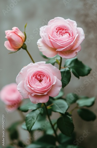 Beautiful blooming pink roses with lush green leaves in a garden setting