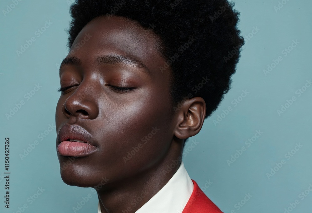 Obraz premium Tranquil Serenity: A close-up portrait of a young black man with his eyes closed, showcasing a sense of calmness and inner peace. The soft lighting and muted background create a serene atmosphere.