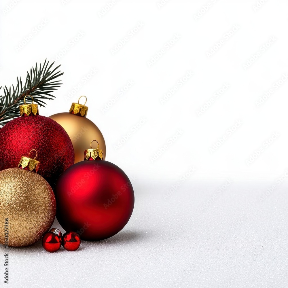 A photostock of glittering Christmas ornaments in red and gold, arranged on a snowy white background for festive decoration themes. High Quality A photostock of glittering Christmas ornaments in red and gold, arranged on a snowy white background for festive decoration themes. High Quality