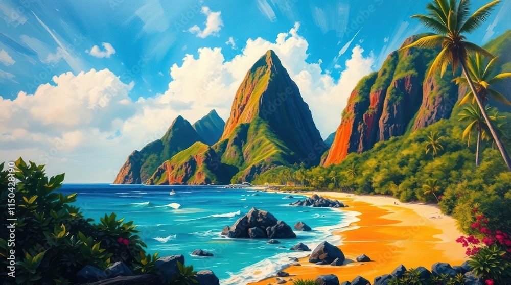 Obraz premium Tropical Island Paradise Scenic Mountain Beach View