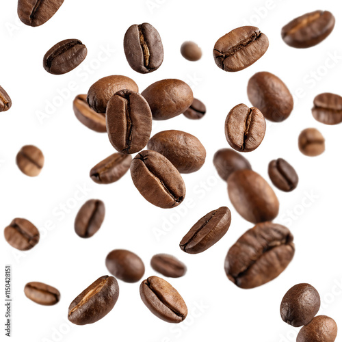 Falling Roasted Coffee Beans isolated on transparent background cutout, Png, Cutout