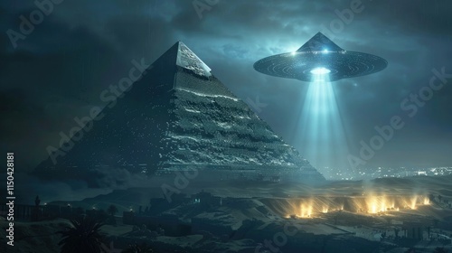 UFO flying over illuminated pyramid at night, mysterious, ancient, spaceship --ar 25:14 --v 6 Job ID: a136c574-5c07-4c21-be20-13be798742a7 photo