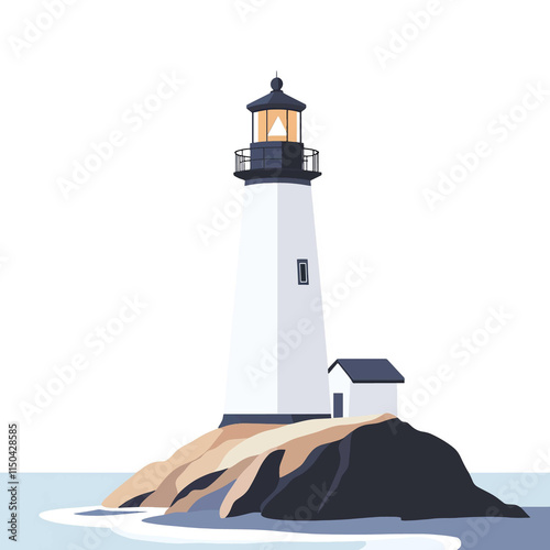  A coastal view with a lighthouse standing on a rocky cliff. flat vector