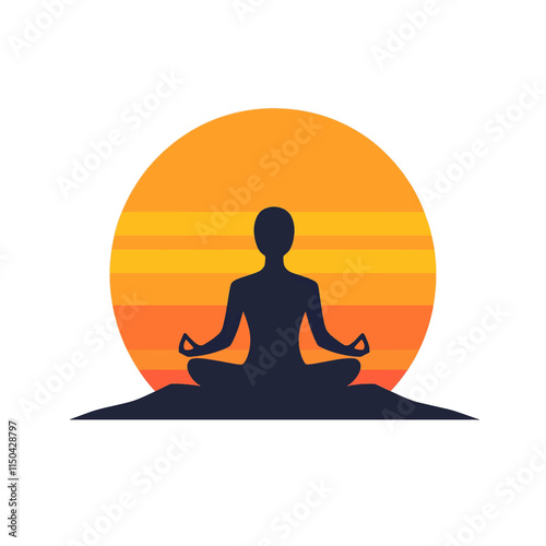  minimal flat A person meditating in front of a sunrise. flat vector