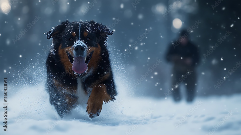 A dog with its tongue hanging out, running ahead of a hunter through the snow. A dog with its tongue hanging out, running ahead of a hunter through the snow.