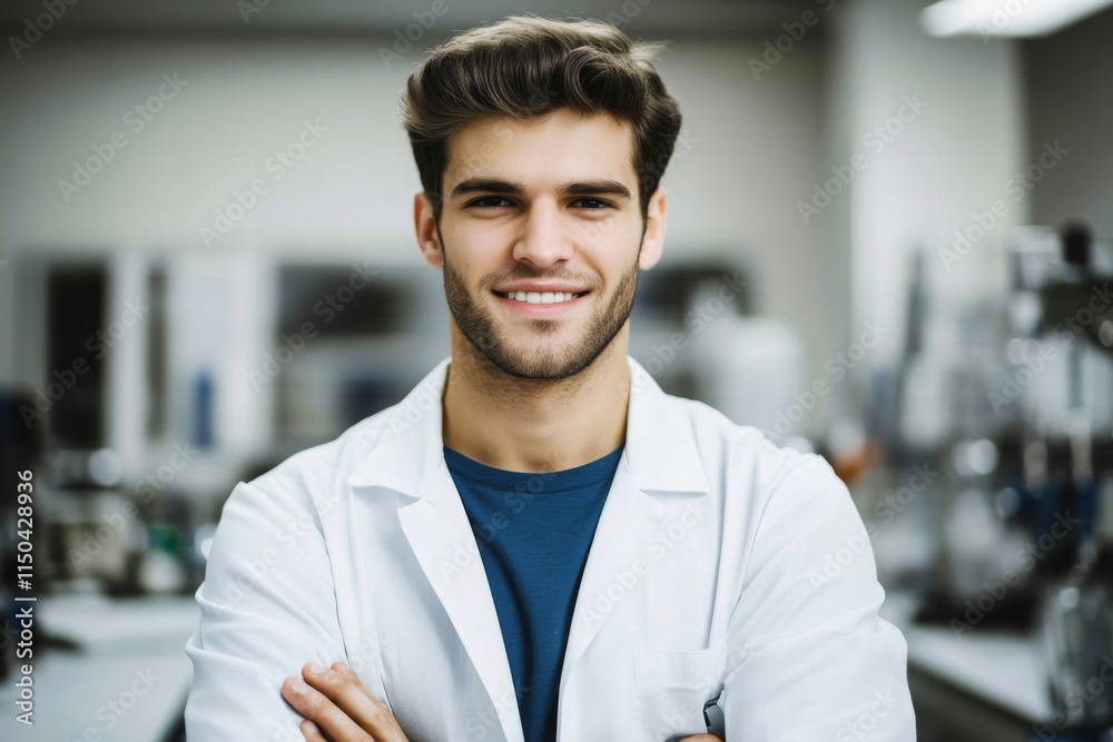 Confident mature scientist standing with arms crossed in industrial setting - Professional portrait for Adobe Stock