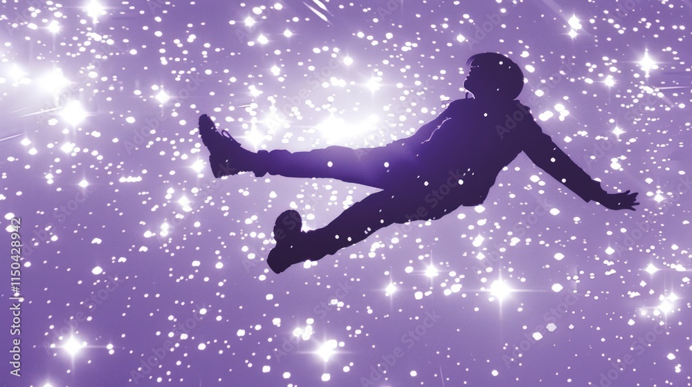 Naklejka premium Floating silhouette person in purple stardust with sparkling cosmic particles.