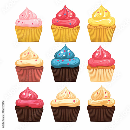  simple A selection of colorful cupcakes displayed at a party. vector
