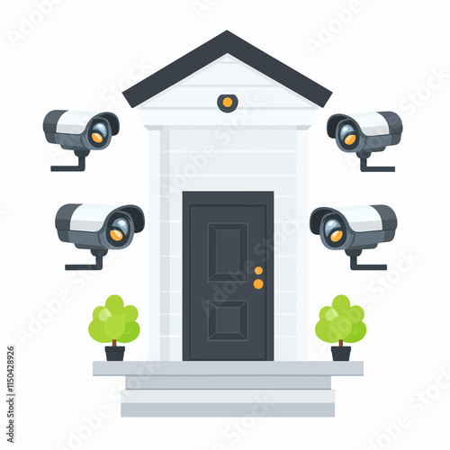  A set of home security cameras monitoring a front porch. flat vector