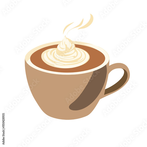  flat A steaming cup of coffee with a swirl of cream on top. vector
