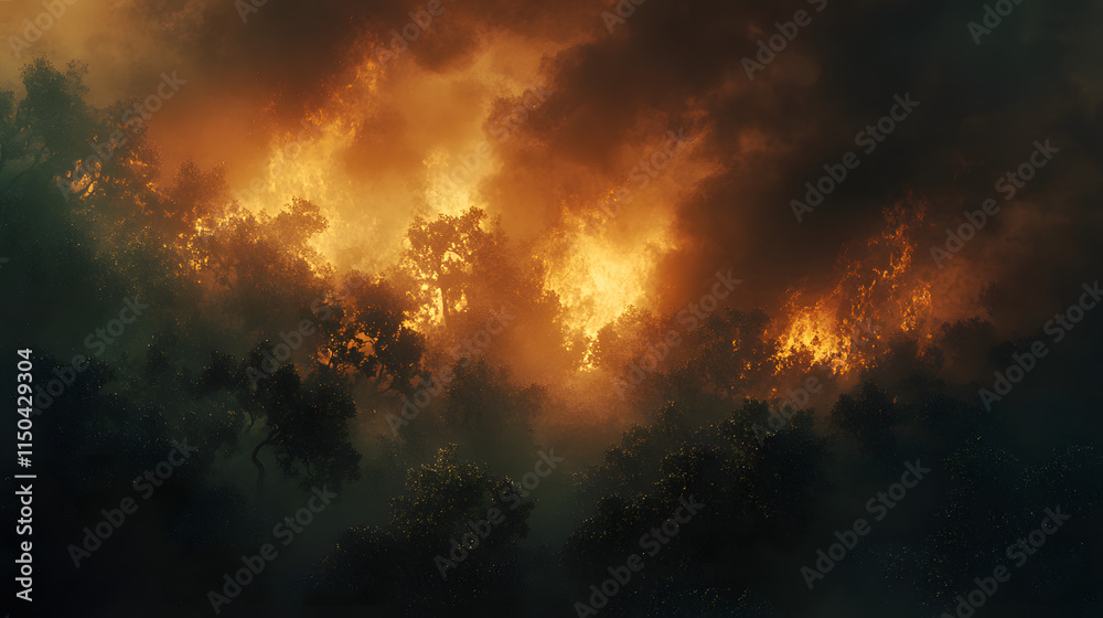 Naklejka premium A forest fire blazing through dense trees with fiery orange light piercing through black smoke clouds.