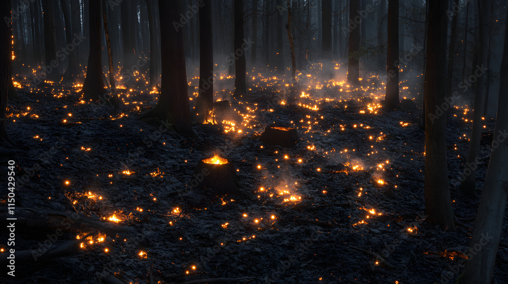 A forest floor covered in glowing embers with faint trails of smoke rising from charred tree stumps. A forest floor covered in glowing embers with faint trails of smoke rising from charred tree stumps.
