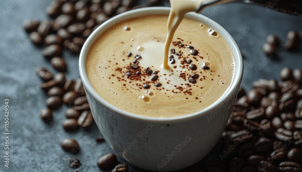 Pouring coffee into a speckled mug on a rustic wooden background with coffee beans Pouring coffee into a speckled mug on a rustic wooden background with coffee beans