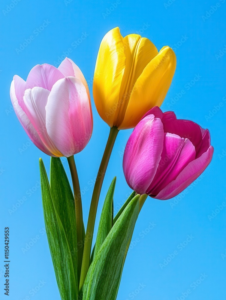 Obraz premium A photostock of spring flowers blooming under a bright blue sky with soft sunlight illuminating the colorful petals. High Quality