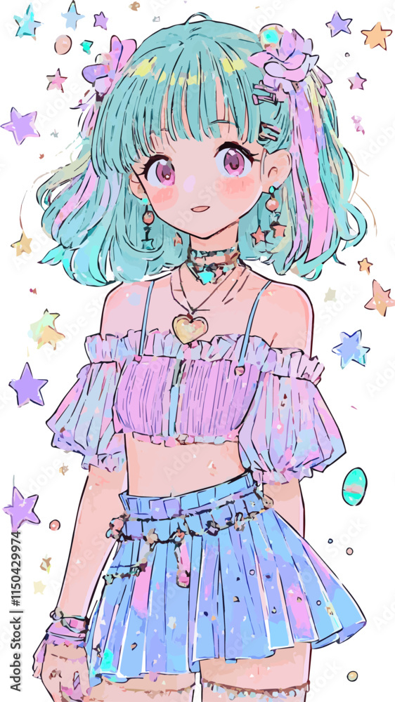 Kawaii anime girl wearing pastel clothes and sparkling accessories Kawaii anime girl wearing pastel clothes and sparkling accessories