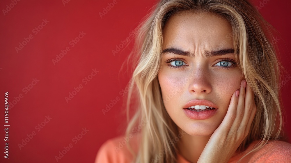 Close-up portrait of a young woman with a worried expression, touching her cheek against a vibrant red background. Close-up portrait of a young woman with a worried expression, touching her cheek against a vibrant red background.