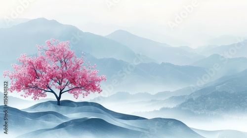 Pink blossom tree stands on hill, misty mountains in the distance.