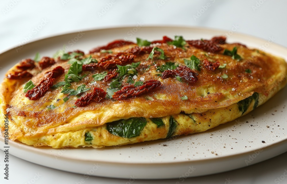 Delicious spinach and sun-dried tomato omelet served on a plate for breakfast preparation Delicious spinach and sun-dried tomato omelet served on a plate for breakfast preparation