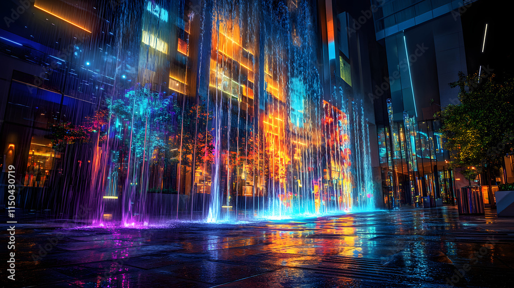 Fototapeta premium A futuristic urban plaza with glowing fountains and watercolor hues blending into the surrounding architecture.