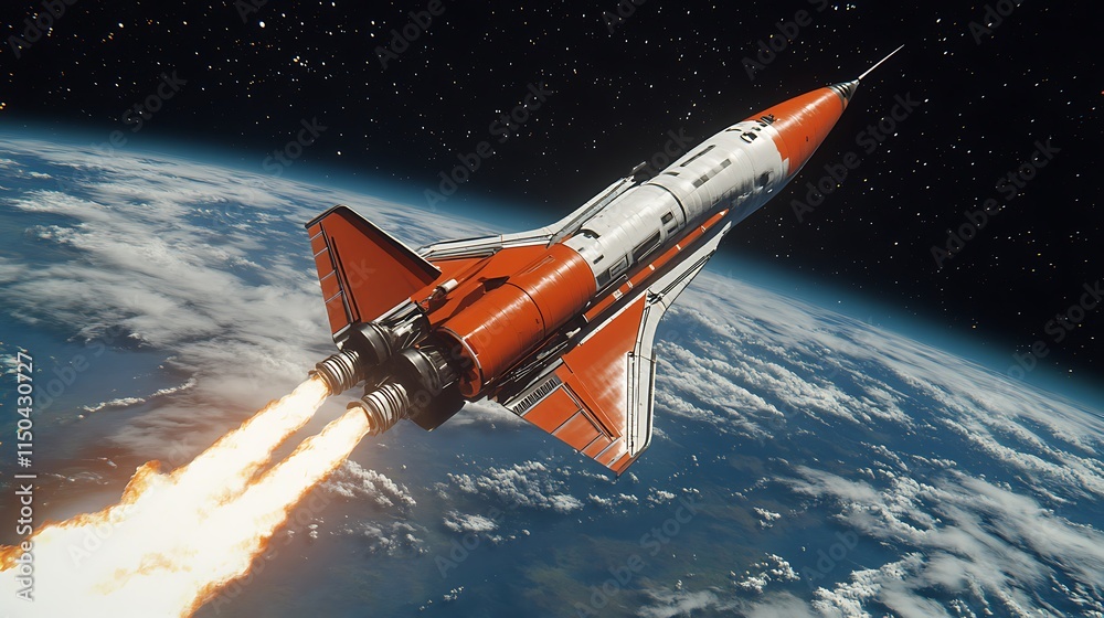 Obraz premium Space ship rocket shuttle is soaring in the sky with Earth planet