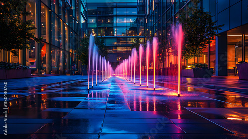 A futuristic urban plaza with glowing fountains and watercolor hues blending into the surrounding architecture. photo