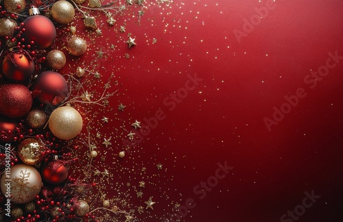 Elegant holiday decorations with red and gold ornaments on a sparkling background
