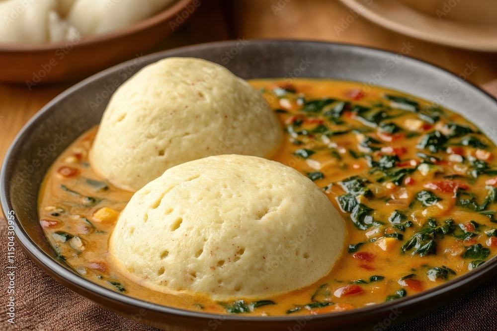A Close-Up of Freshly Served Fufu with Egusi Soup on a Traditional Wooden Table, Highlighting Warm Natural Lighting for a Cozy Culinary Experience A Close-Up of Freshly Served Fufu with Egusi Soup on a Traditional Wooden Table, Highlighting Warm Natural Lighting for a Cozy Culinary Experience