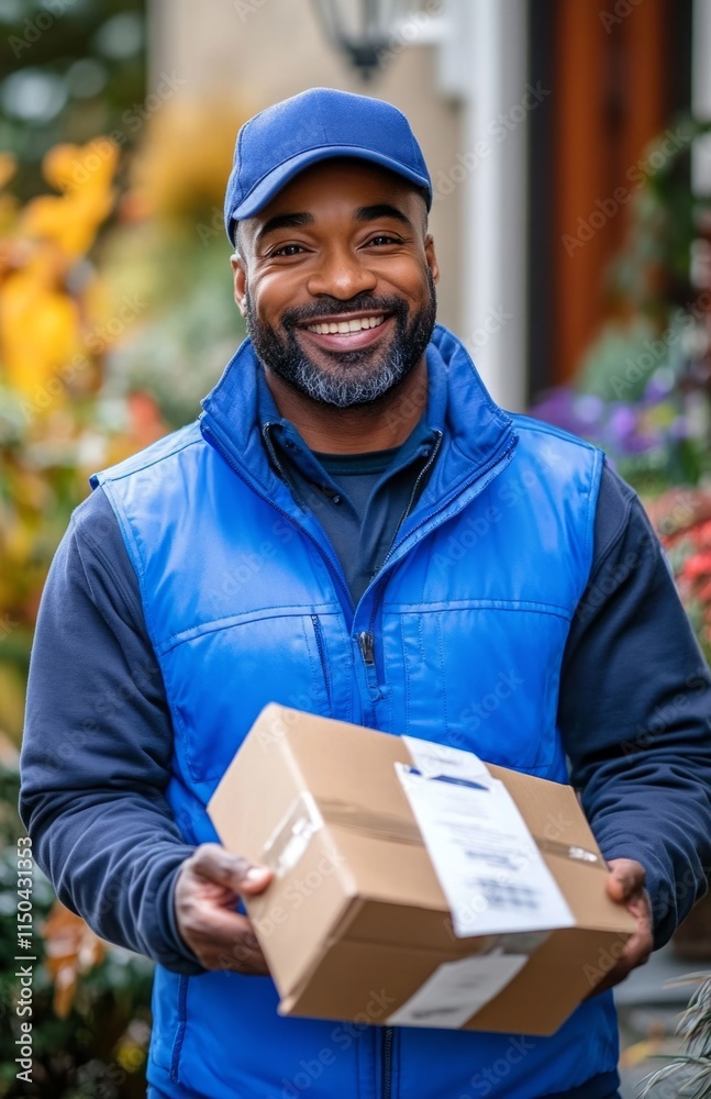 Smiling Black delivery person with package in front of house garden background Smiling Black delivery person with package in front of house garden background