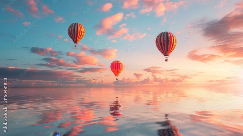 Obraz premium Pastel hot air balloons soar over pink cloud sea at sunset, reflected in tranquil waters