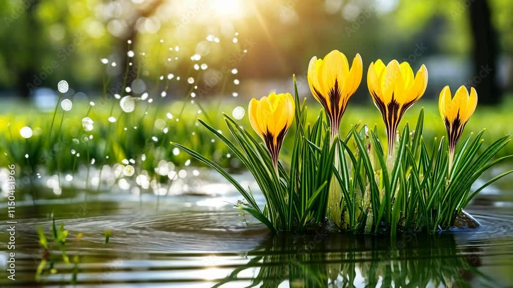 Bright yellow crocuses bloom in morning light by a tranquil water source surrounded by fresh greenery