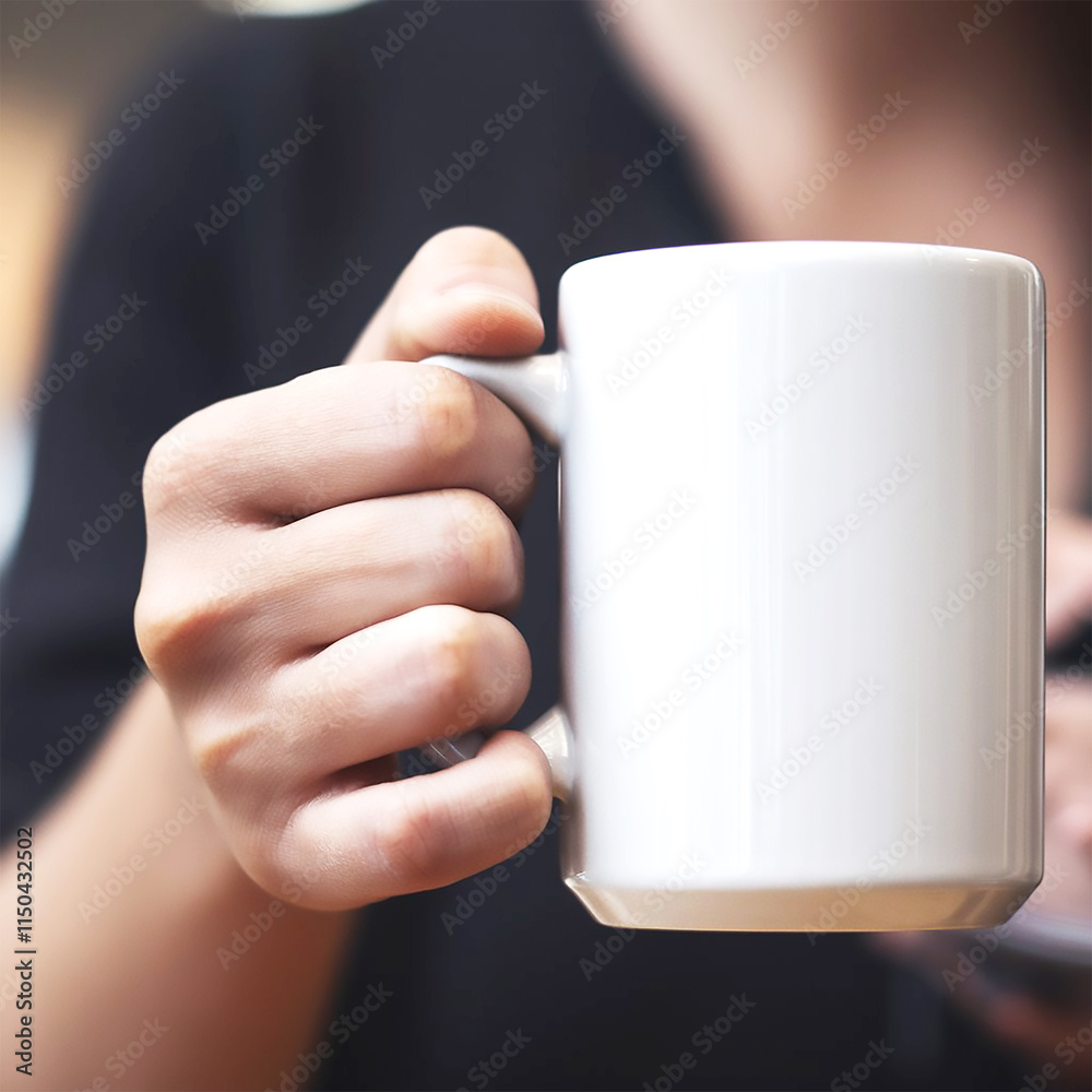 A close-up of a hand holding a white ceramic mug, showcasing minimalistic design and a cozy moment perfect for enjoying coffee, tea, or any warm beverage in a relaxing atmosphere A close-up of a hand holding a white ceramic mug, showcasing minimalistic design and a cozy moment perfect for enjoying coffee, tea, or any warm beverage in a relaxing atmosphere