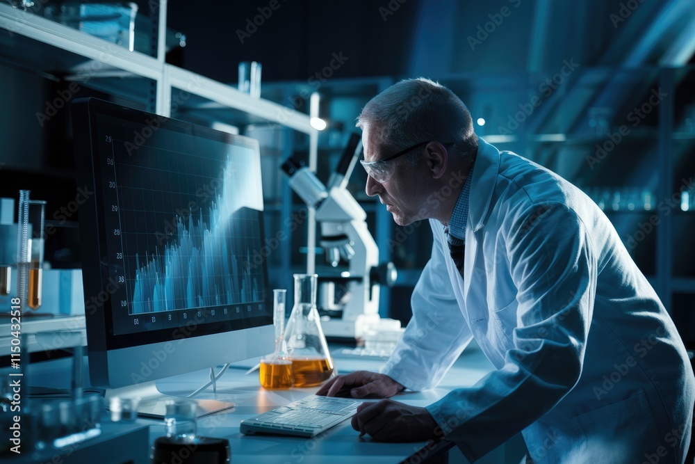 A scientist analyzes data on a computer screen in a modern laboratory setting. A scientist analyzes data on a computer screen in a modern laboratory setting.