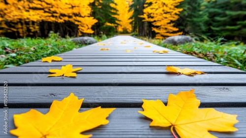 A photostock of a quaint wooden pathway leading into a forest filled with golden autumn leaves, representing exploration and serenity. High Quality