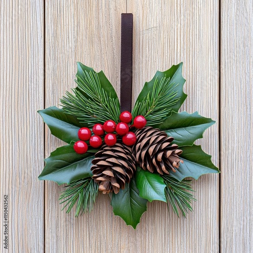 A photostock of a rustic Christmas wreath with pinecones and red berries hanging on a vintage wooden door, creating a cozy holiday vibe. High Quality