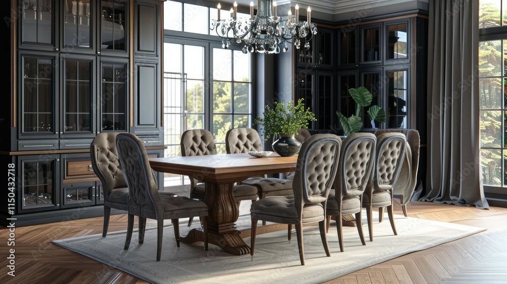 Naklejka premium 3D rendering of elegant dining room with wooden table and stylish chairs