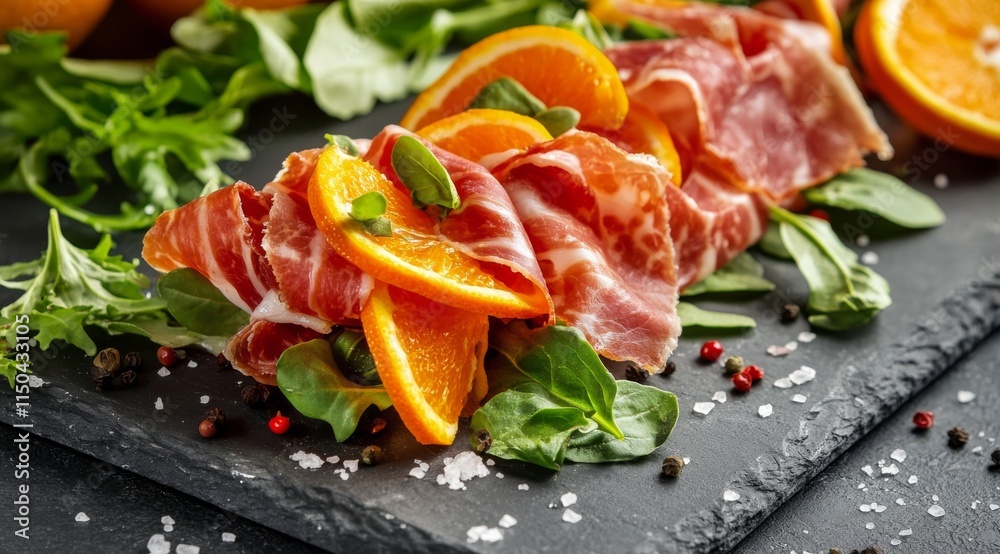 Delicious savory dish with cured meats and citrus arranged on a slate plate Delicious savory dish with cured meats and citrus arranged on a slate plate