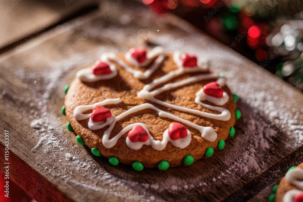 A festive gingerbread cookie decorated with white icing, red hearts, and green dots, sitting on a wooden board.