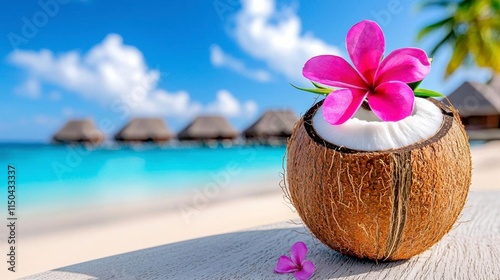 A photostock of a tropical paradise with a sandy beach, turquoise waters, and a coconut drink garnished with a fresh flower. High Quality