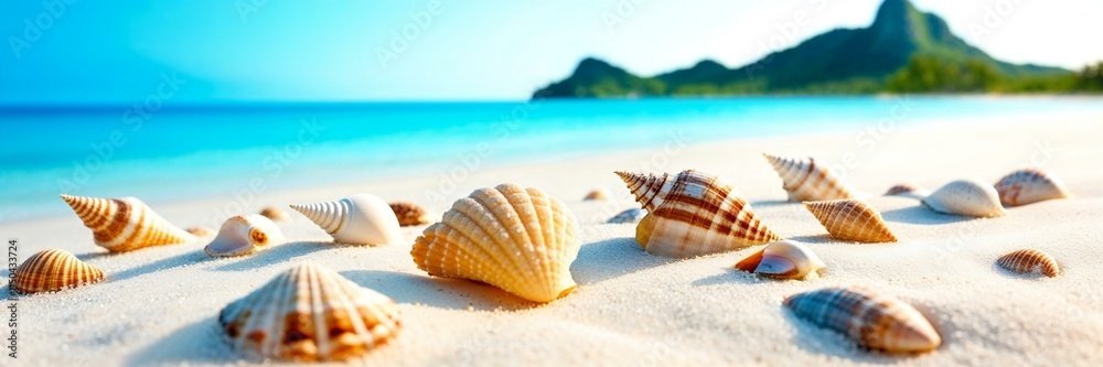 Landscape with seashells on tropical beach - summer holiday Landscape with seashells on tropical beach - summer holiday
