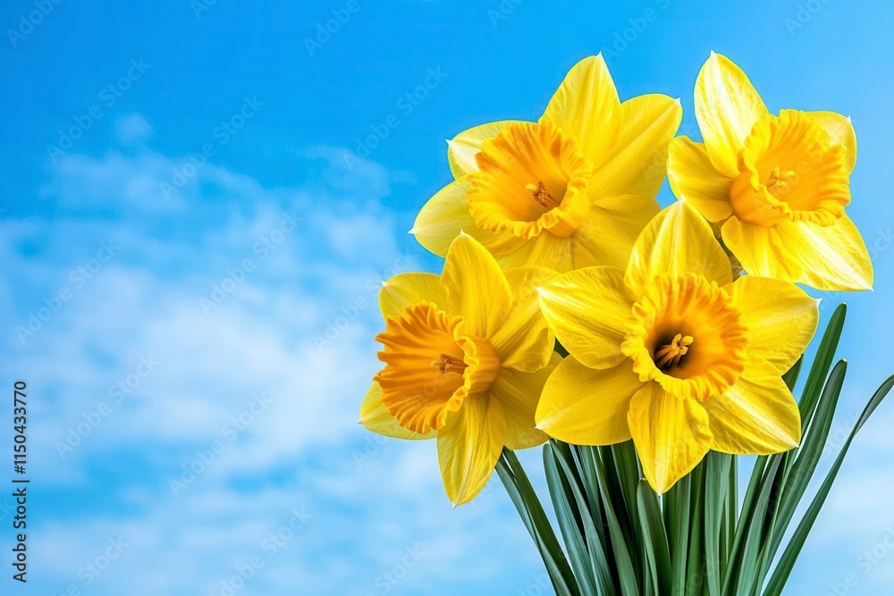 Fototapeta premium A photostock of a vibrant field of daffodils in full bloom under a bright blue spring sky, symbolizing renewal and joy. High Quality