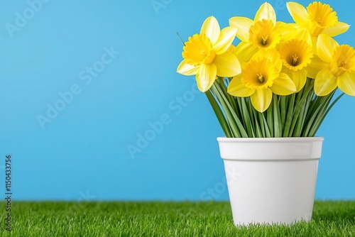 A photostock of a vibrant field of daffodils in full bloom under a bright blue spring sky, symbolizing renewal and joy. High Quality