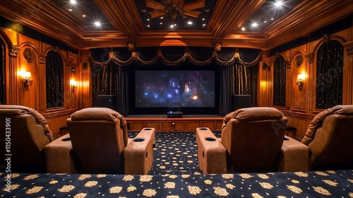 A home theater with recliner chairs, plush carpets, and dimmed lighting, creating a cozy atmosphere for winter evenings.