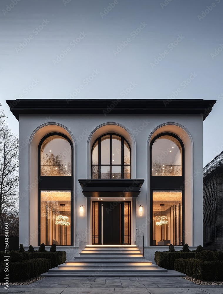 Fototapeta premium Elegant Modern House Exterior With Large Arched Windows Illuminated at Dusk in a Serene Residential Neighborhood