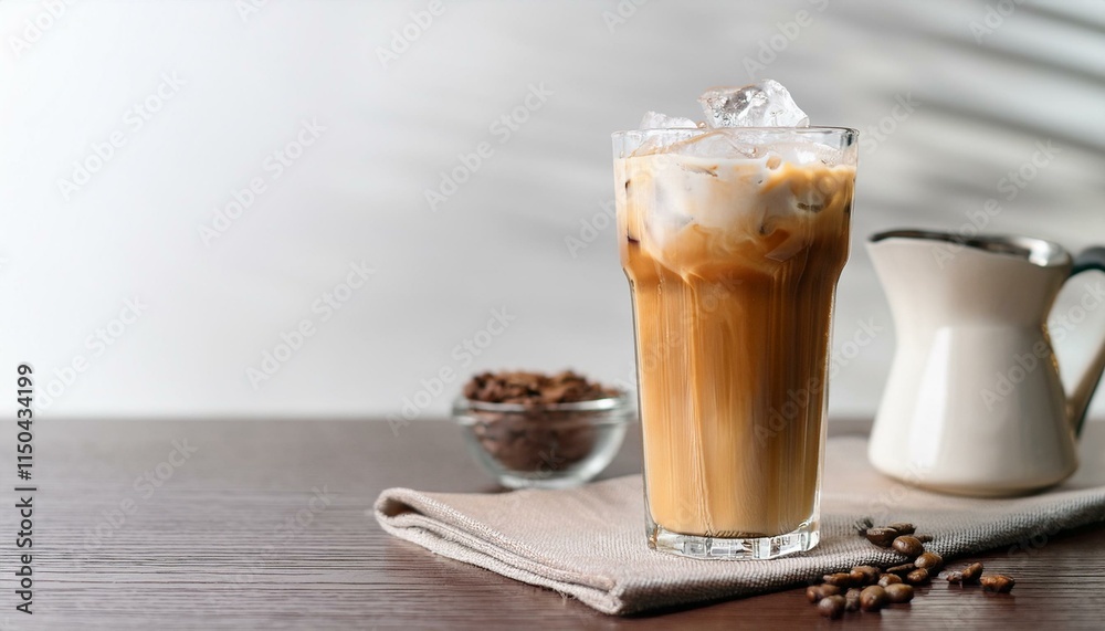 Generated image Iced cool coffee in tall glass on table, refreshing cold caffeine drink with milk and foam Generated image Iced cool coffee in tall glass on table, refreshing cold caffeine drink with milk and foam