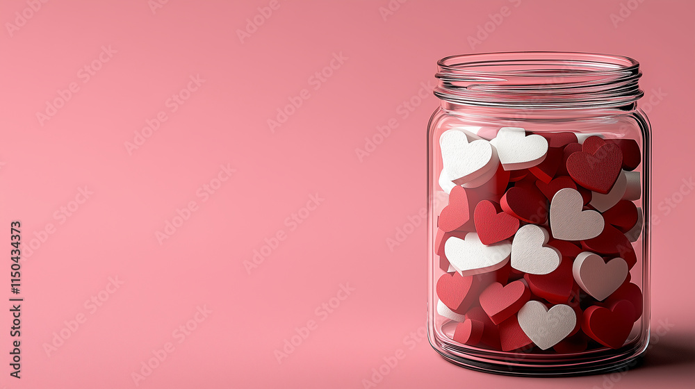 Valentine's Day concept, glass jar with red and white heart-shaped sweets on pink background Valentine's Day concept, glass jar with red and white heart-shaped sweets on pink background