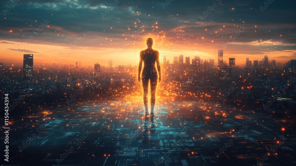 Fototapeta premium A silhouetted figure stands against a glowing cityscape, symbolizing technology and humanity.