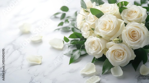 A wedding florist arranging white roses and greenery into a bouquet on a clean marble surface, with scattered petals around it.