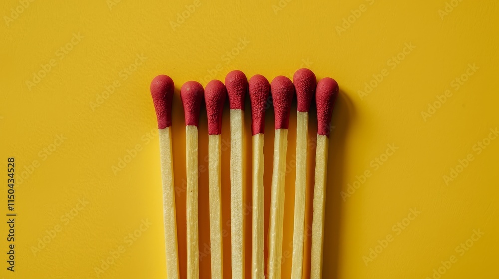 Minimalistic flat lay of matches with red tips on bright yellow background in modern aesthetic Minimalistic flat lay of matches with red tips on bright yellow background in modern aesthetic